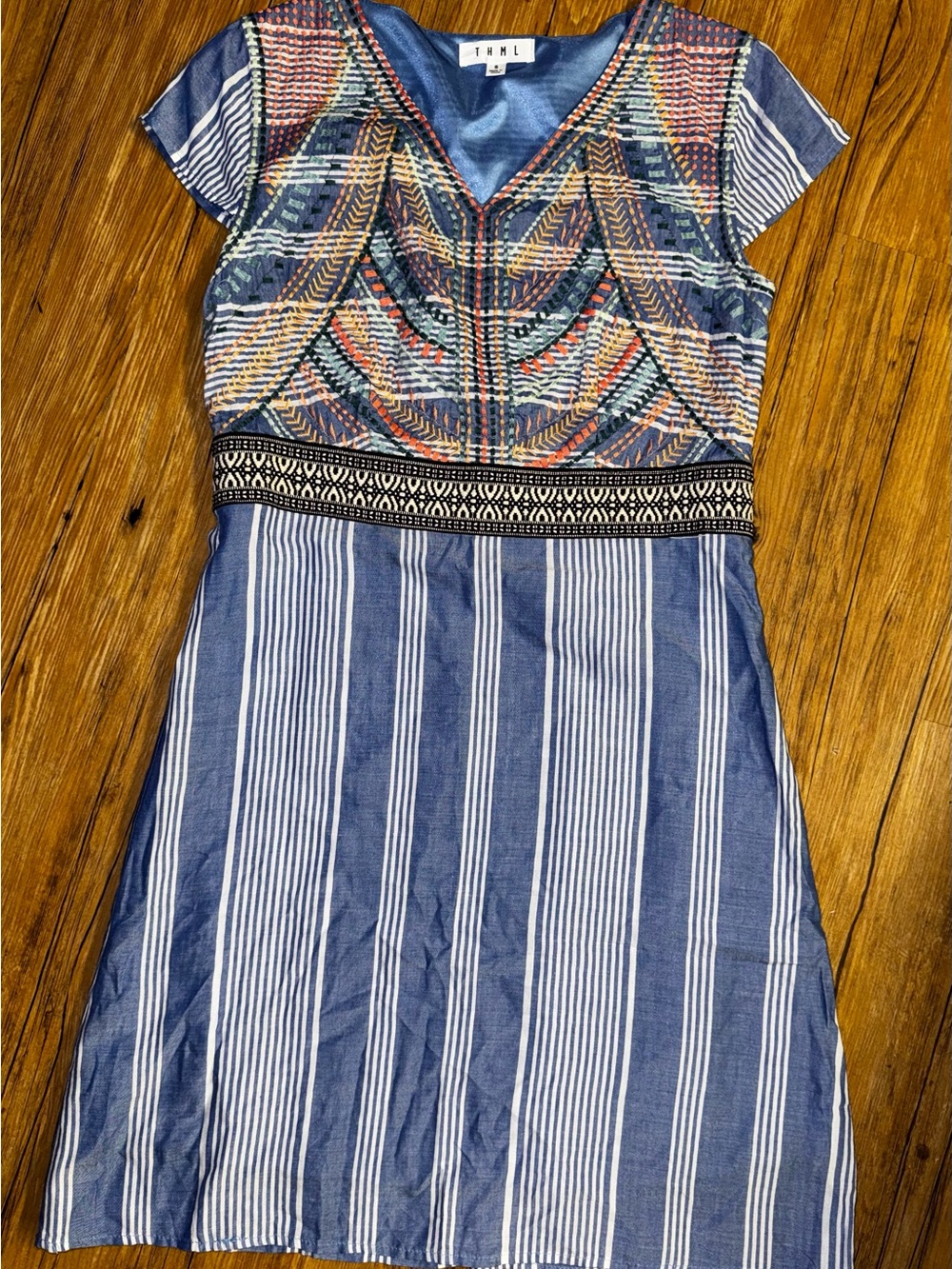 THML Blue and White Striped Dress with Embroidered Yoke